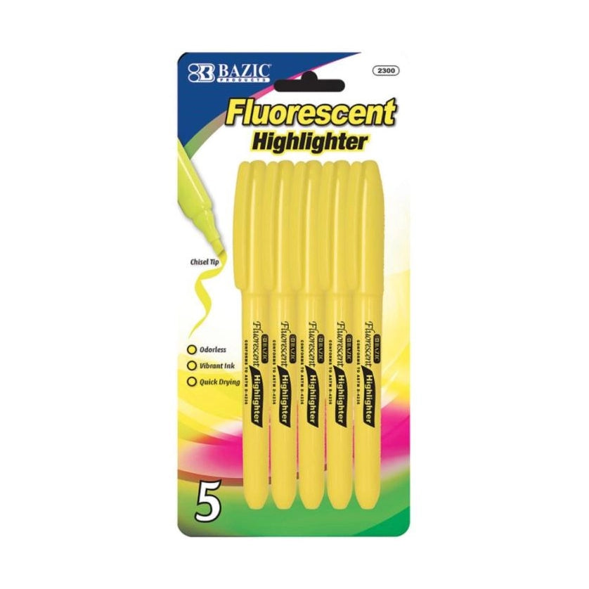 A pack of five yellow fluorescent highlighters.